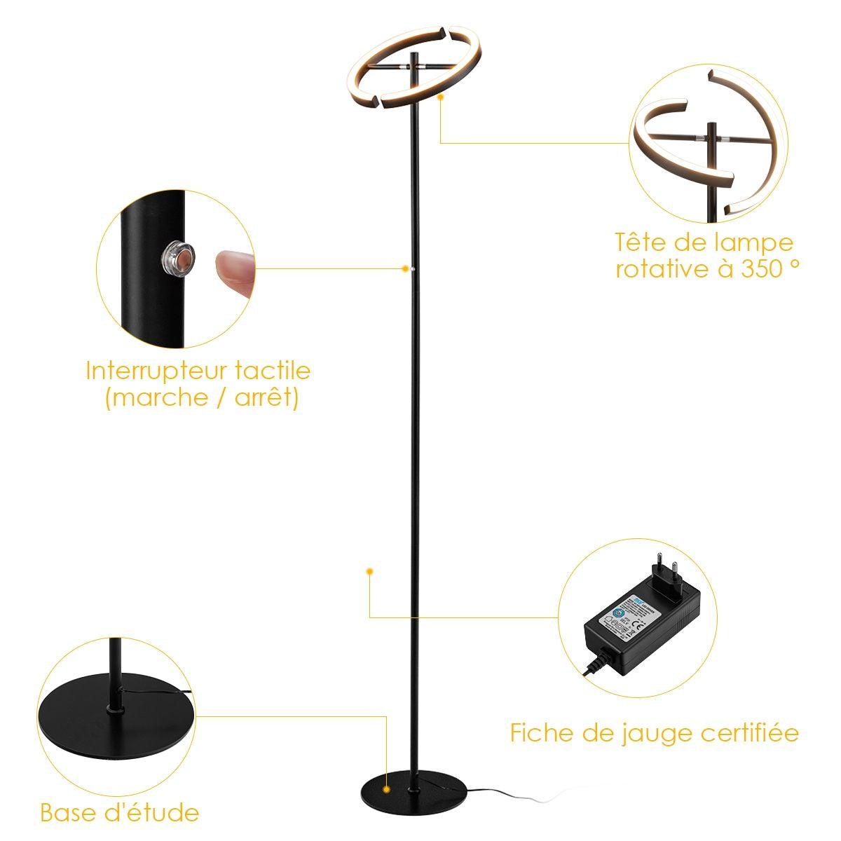 Lampadaire Sur Pied LED 30W 2950 Lumen 3000K Blanc Chaud Avec Commande Tactile Noir