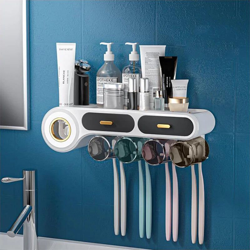 Multifunctional Wall-Mounted Toothbrush Holder with Cups and Toothpaste Squeezer - Bathroom Accessories