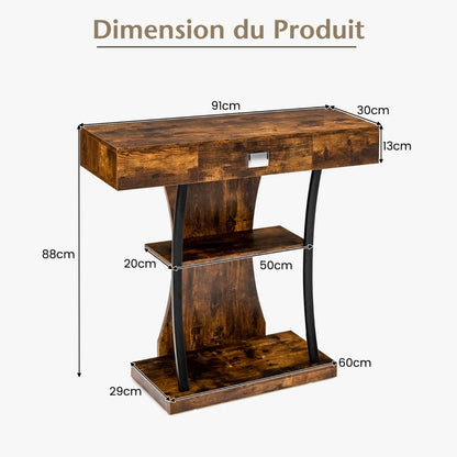 Table Console 3 Étagères Meuble D'Entrée L91 X P30 X H88 Style Scandinave Dispositif Anti-Renversement Brun Rustique