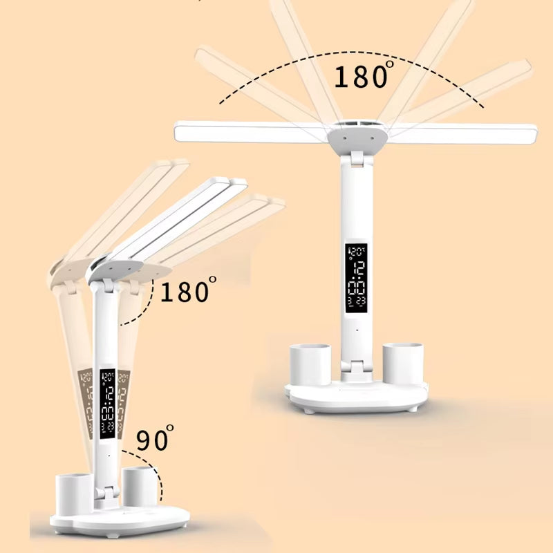 Table Lamp LED Double-Headed Multifunction Foldable Touch with Calendar Clock USB Desk Lamp for Bedroom Bedside Reading Light