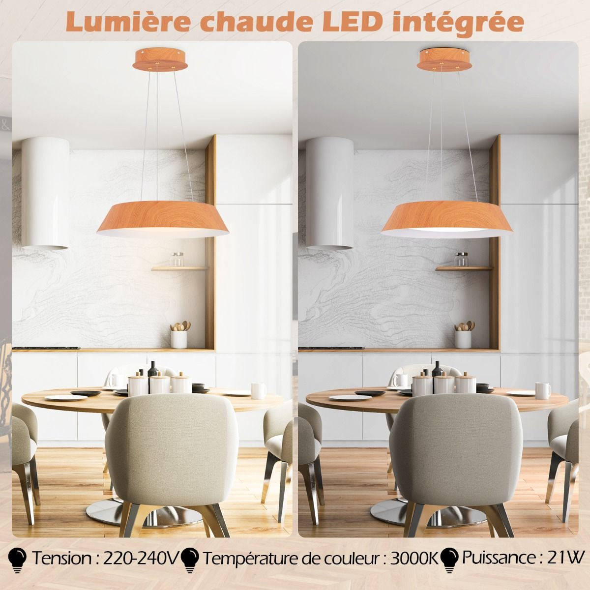 Lustre À Éclairage LED De 40 Cm Luminaire Moderne 21 W Lustre Avec Grain De Bois Cadre En Métal Lumière Chaude 3000 K Luminaire Suspendu Naturel