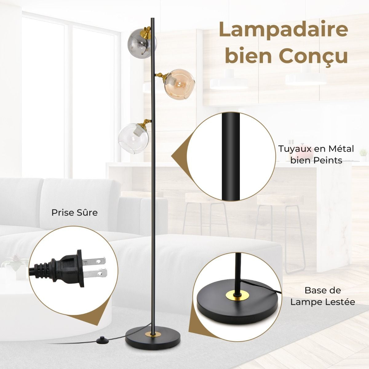 Lampadaire Moderne Lampe Sur Pied Avec 3 Abat-Jours Globe En Verre Base Lestée Interrupteur Au Pied Lampe Arbre Sur Pied Pour Chambre Bureau Noir