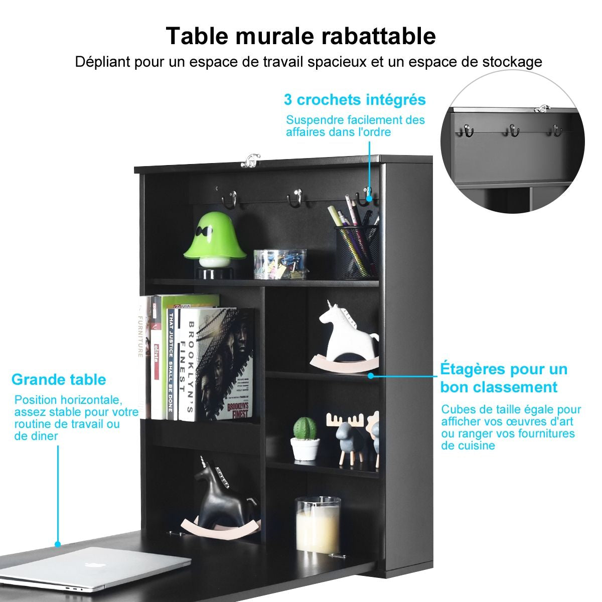 Table Murale Rabattable Bureau Mural Avec Tableau Noir Etagères Intégrées Secrétaire Mural En Mdf 75X15,8X60Cm Noir