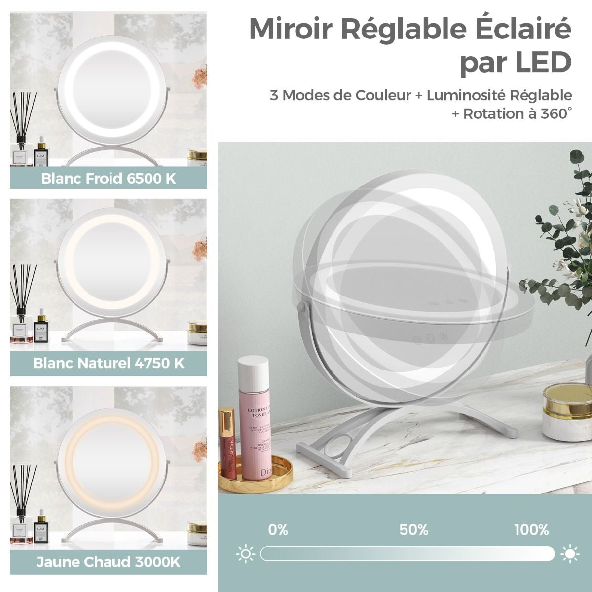 Rond Miroir de Maquillage 30CM avec Lumière LED Réglable, Écran Tactile, Rotation 360°, Fonction de Mémoire et Support en Métal