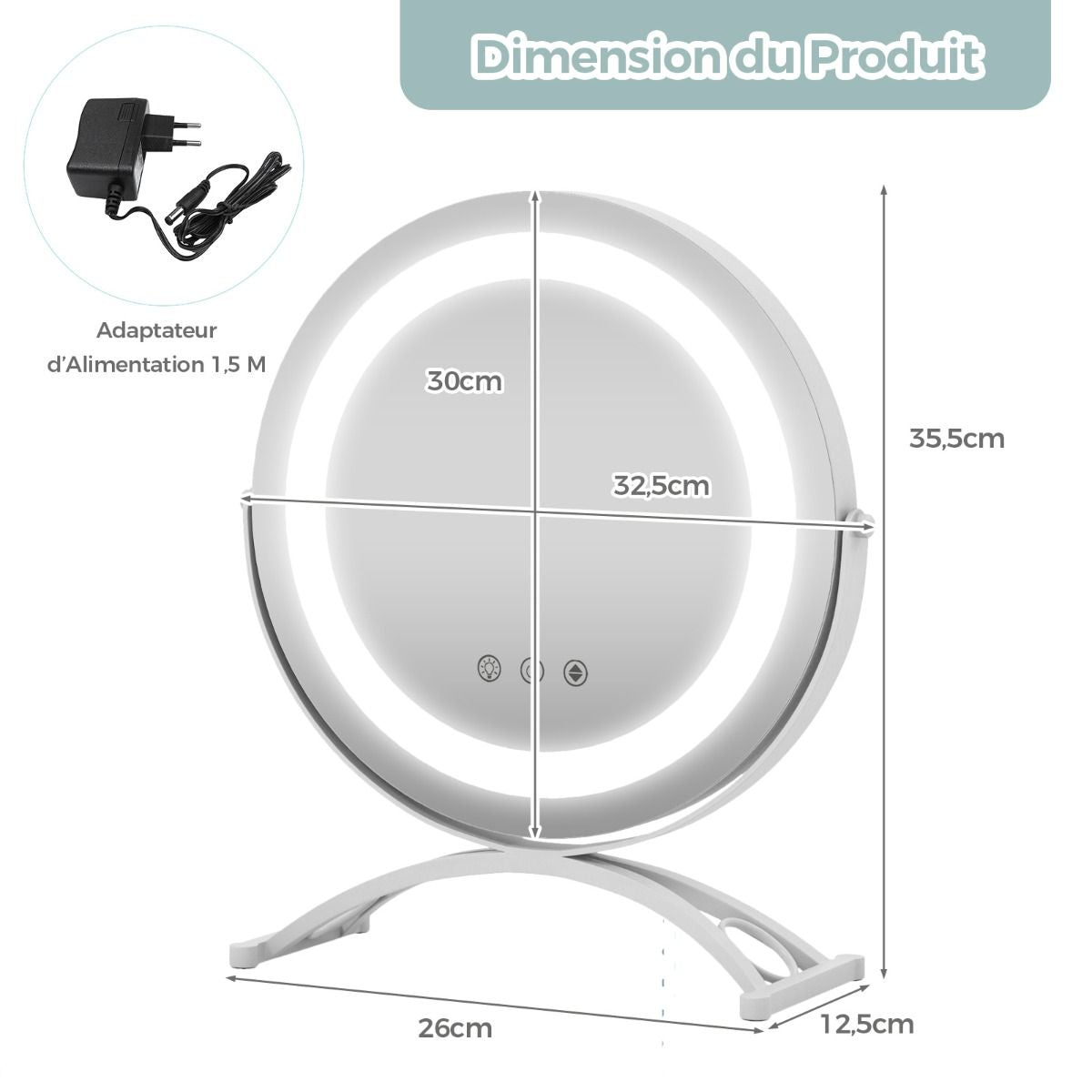 Rond Miroir de Maquillage 30CM avec Lumière LED Réglable, Écran Tactile, Rotation 360°, Fonction de Mémoire et Support en Métal