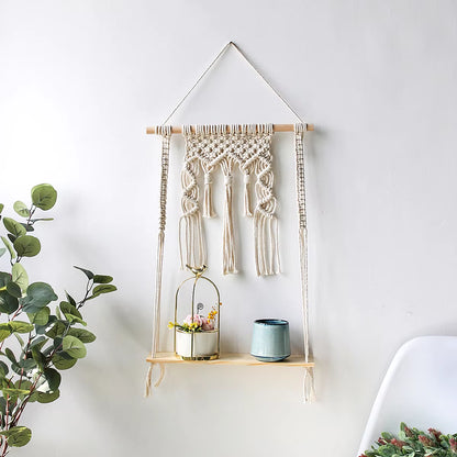 Macrame Wall Hanging Shelf Boho Home Decor Shelves on Wall Wood Decoration for Bedroom Living Room Nursery Christamas Gift