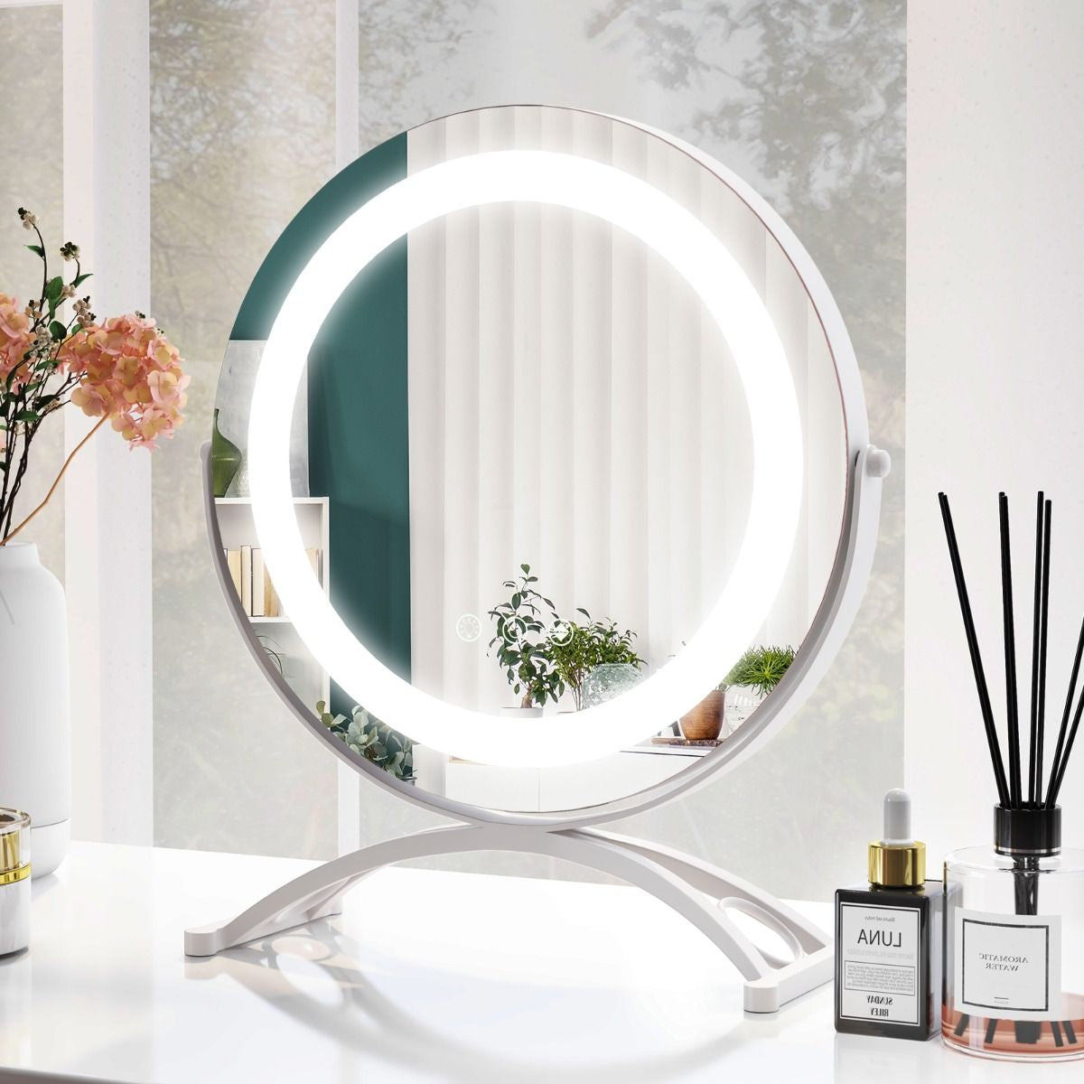 Rond Miroir de Maquillage 30CM avec Lumière LED Réglable, Écran Tactile, Rotation 360°, Fonction de Mémoire et Support en Métal