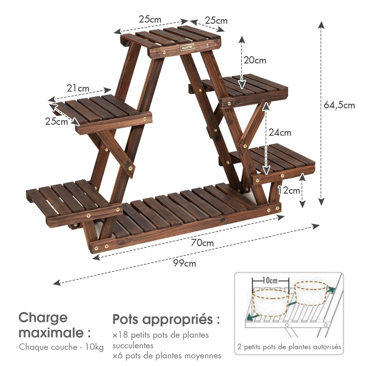 Étagère Pour Plantes En Bois 6 Tablettes 99 X 25 X 64 Cm Charge 10KG Par Niveau Terrasse Jardin Balcon Salon