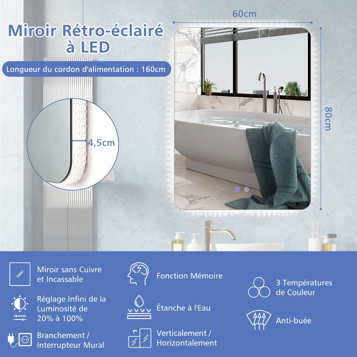 Miroir De Salle De Bain IP44 Avec Lumières LED Et Antibuée 80 X 60 CM Miroir Mural Avec 3 Températures De Couleur Réglables