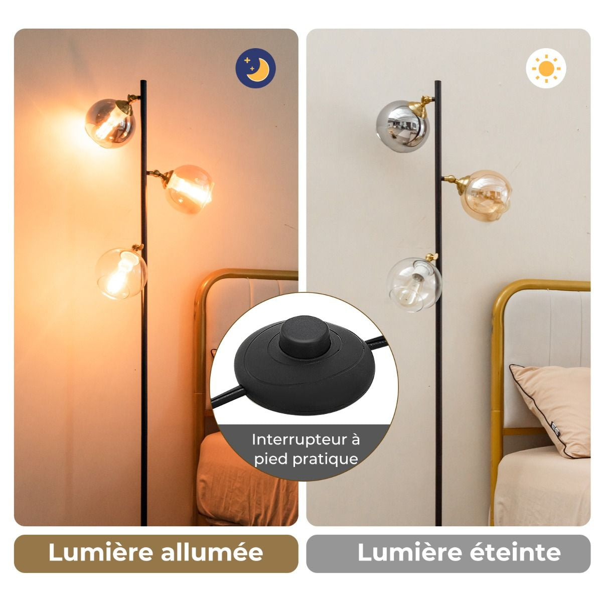 Lampadaire Moderne Lampe Sur Pied Avec 3 Abat-Jours Globe En Verre Base Lestée Interrupteur Au Pied Lampe Arbre Sur Pied Pour Chambre Bureau Noir