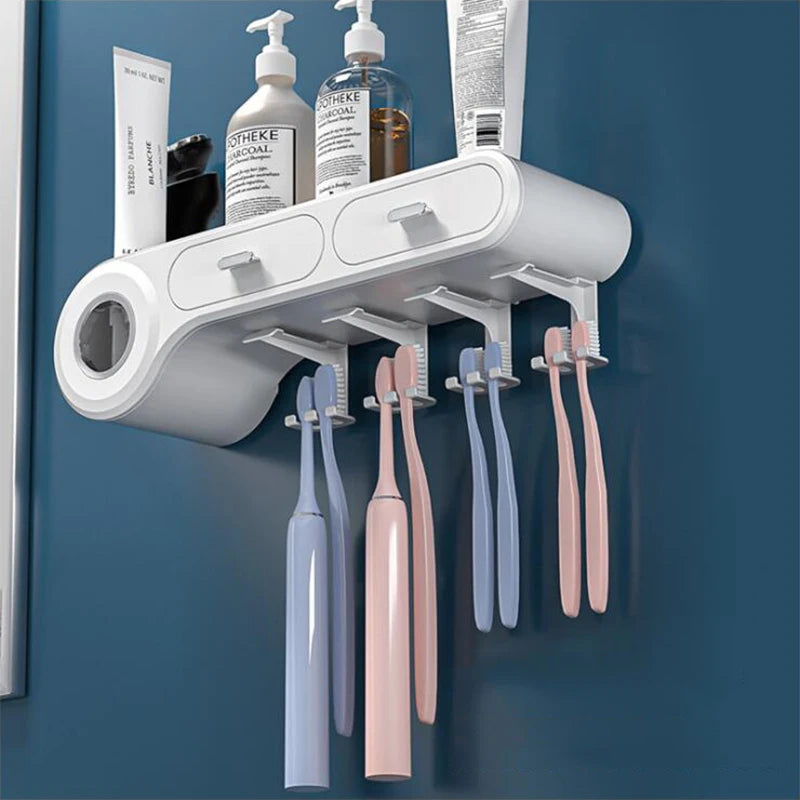 Multifunctional Wall-Mounted Toothbrush Holder with Cups and Toothpaste Squeezer - Bathroom Accessories