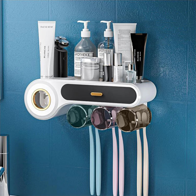 Multifunctional Wall-Mounted Toothbrush Holder with Cups and Toothpaste Squeezer - Bathroom Accessories