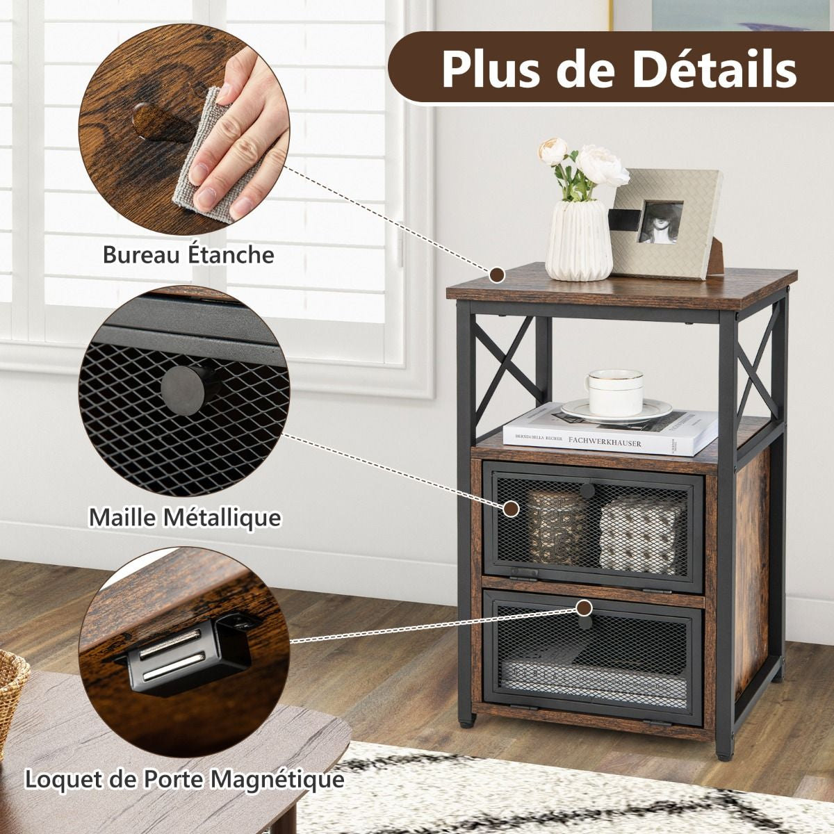 1 Table/2 Tbales De Chevet Industrielle À 2 Compartments Et 2 Étagères Bout De Canapé Cadre Métal Table D'Appoint Pour Chambre 60,5X40X35Cm