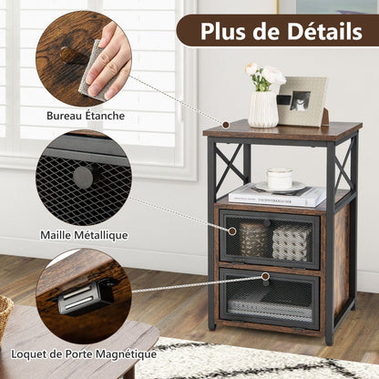 1 Table/2 Tbales De Chevet Industrielle À 2 Compartments Et 2 Étagères Bout De Canapé Cadre Métal Table D'Appoint Pour Chambre 60,5X40X35Cm