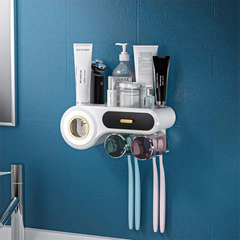 Multifunctional Wall-Mounted Toothbrush Holder with Cups and Toothpaste Squeezer - Bathroom Accessories