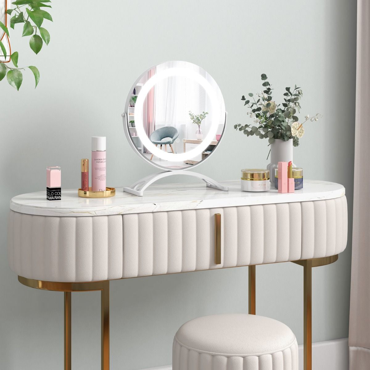 Rond Miroir de Maquillage 30CM avec Lumière LED Réglable, Écran Tactile, Rotation 360°, Fonction de Mémoire et Support en Métal