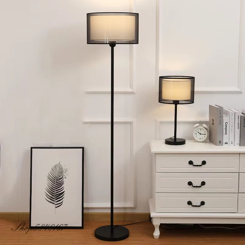 Nordic Modern Floor Standing Lamp with Double-Layer Fabric Lampshade for Bedroom Decor, E27 LED Compatible