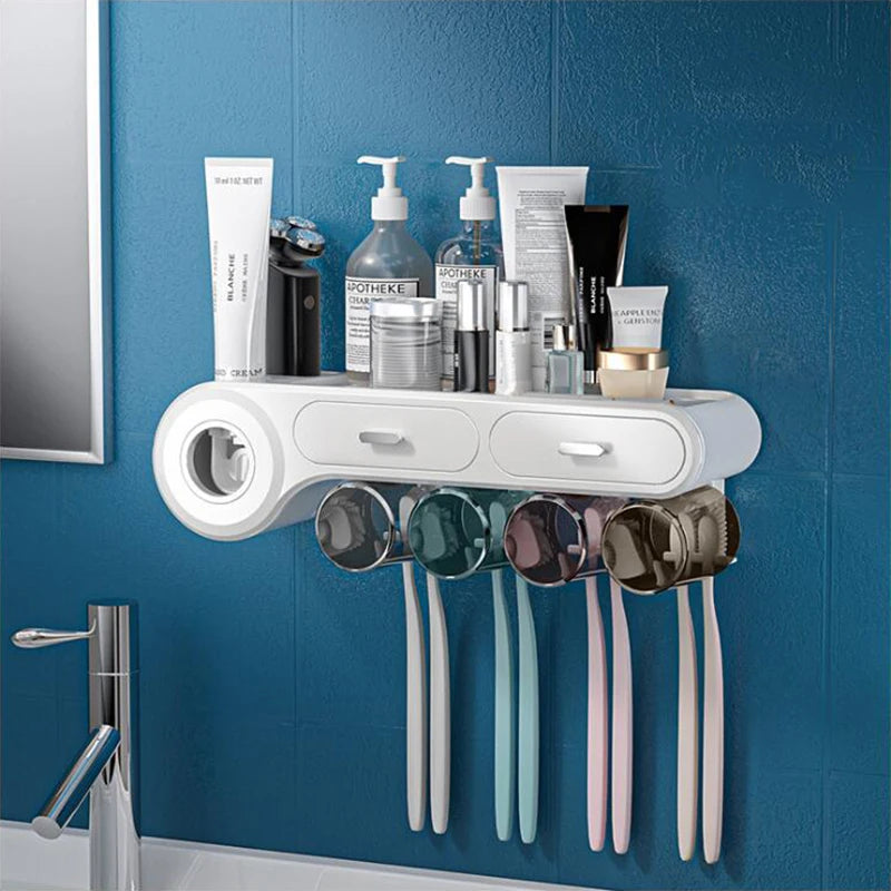 Multifunctional Wall-Mounted Toothbrush Holder with Cups and Toothpaste Squeezer - Bathroom Accessories