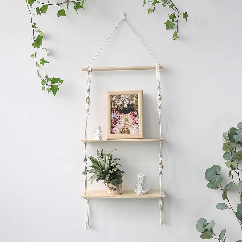 Macrame Wall Hanging Shelf Boho Home Decor Shelves on Wall Wood Decoration for Bedroom Living Room Nursery Christamas Gift