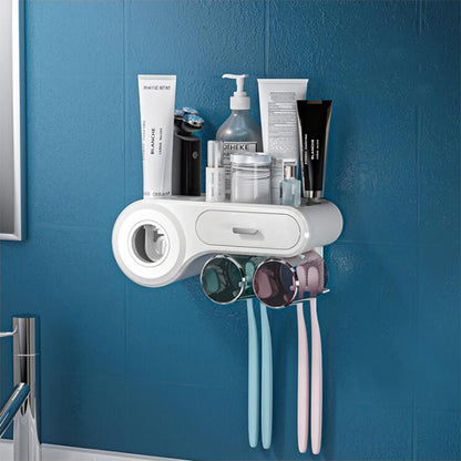 Multifunctional Wall-Mounted Toothbrush Holder with Cups and Toothpaste Squeezer - Bathroom Accessories