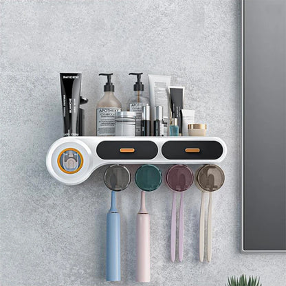 Multifunctional Wall-Mounted Toothbrush Holder with Cups and Toothpaste Squeezer - Bathroom Accessories