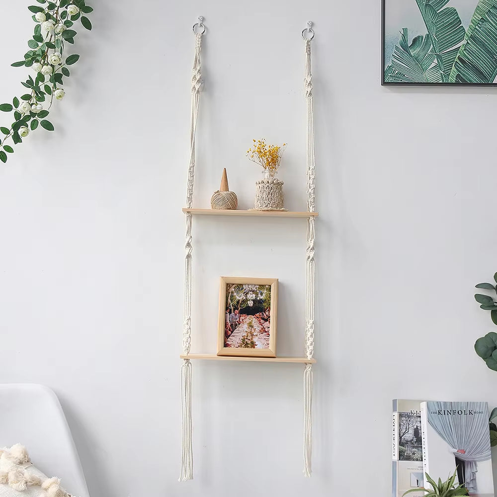 Macrame Wall Hanging Shelf Boho Home Decor Shelves on Wall Wood Decoration for Bedroom Living Room Nursery Christamas Gift