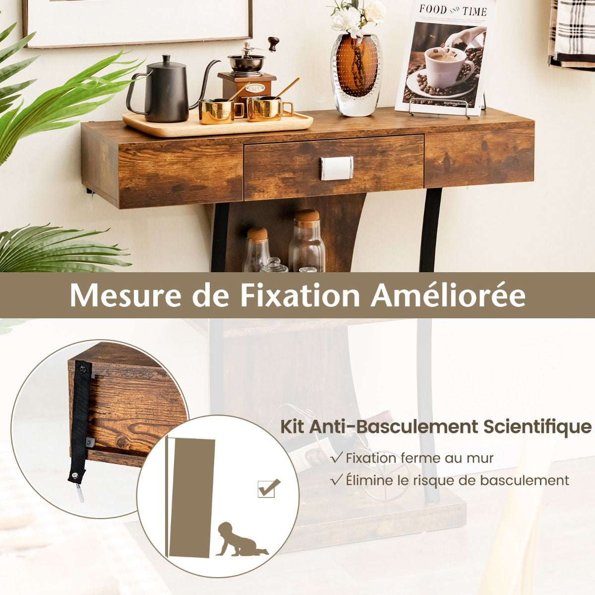 Table Console 3 Étagères Meuble D'Entrée L91 X P30 X H88 Style Scandinave Dispositif Anti-Renversement Brun Rustique