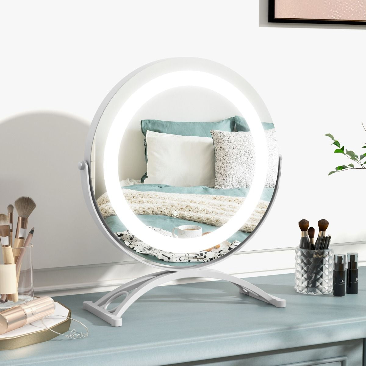 Rond Miroir de Maquillage 30CM avec Lumière LED Réglable, Écran Tactile, Rotation 360°, Fonction de Mémoire et Support en Métal