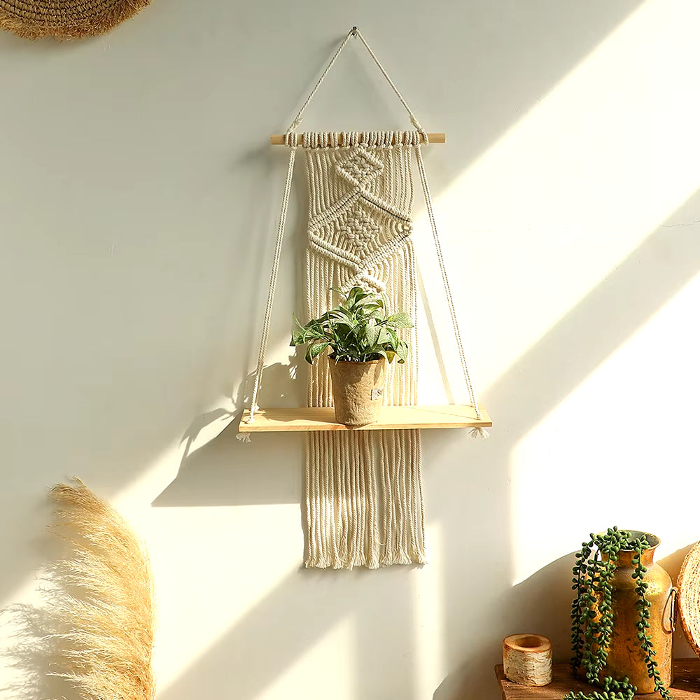 Macrame Wall Hanging Shelf Boho Home Decor Shelves on Wall Wood Decoration for Bedroom Living Room Nursery Christamas Gift