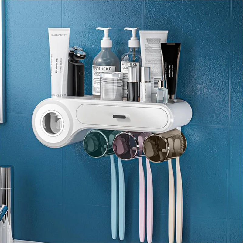 Multifunctional Wall-Mounted Toothbrush Holder with Cups and Toothpaste Squeezer - Bathroom Accessories