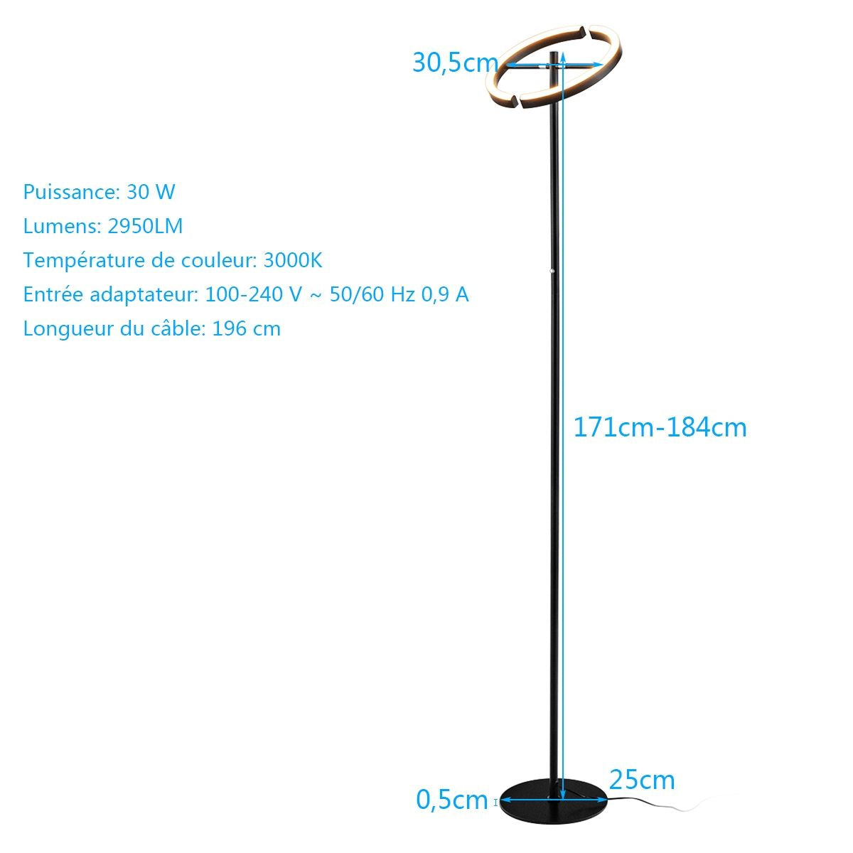 Lampadaire Sur Pied LED 30W 2950 Lumen 3000K Blanc Chaud Avec Commande Tactile Noir