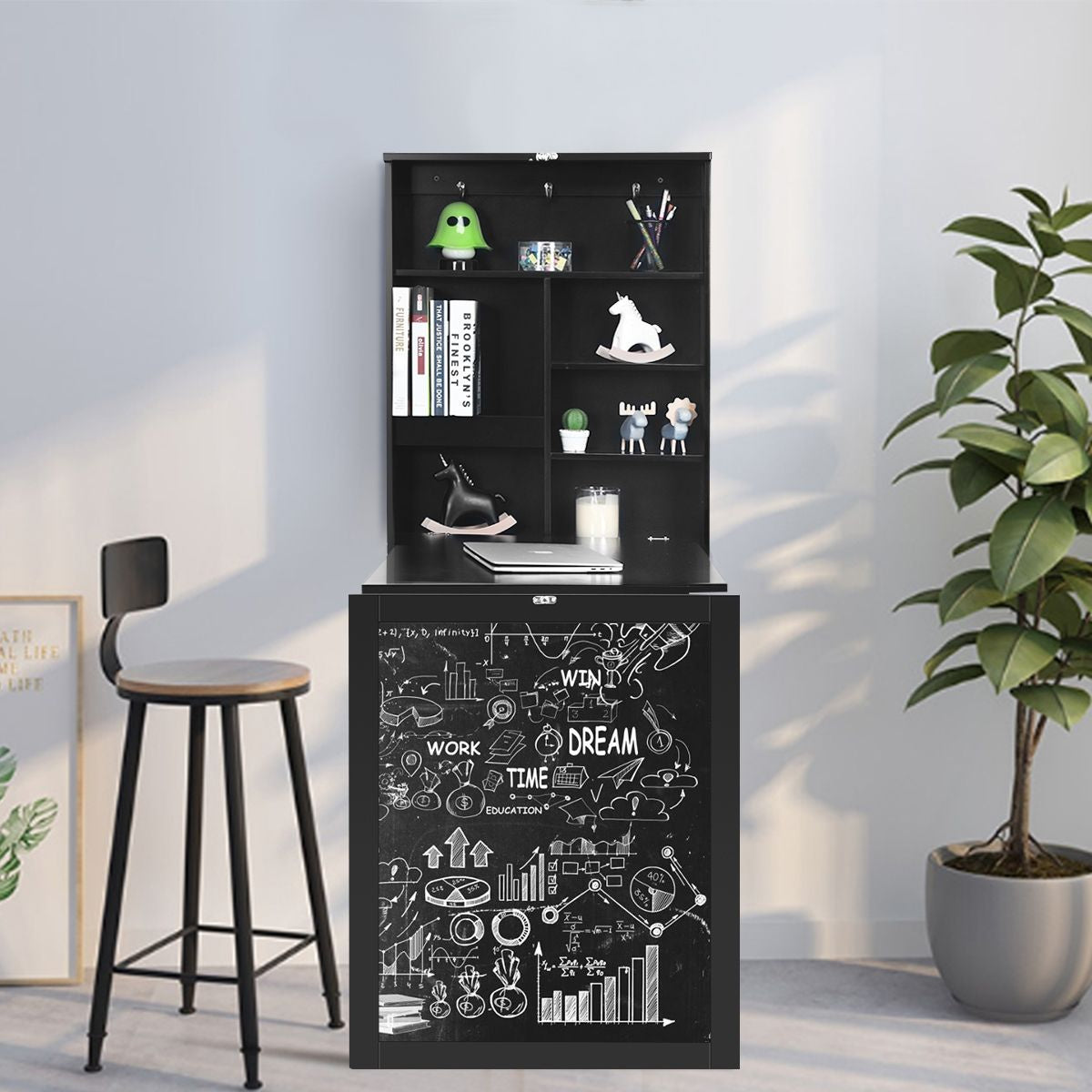 Table Murale Rabattable Bureau Mural Avec Tableau Noir Etagères Intégrées Secrétaire Mural En Mdf 75X15,8X60Cm Noir