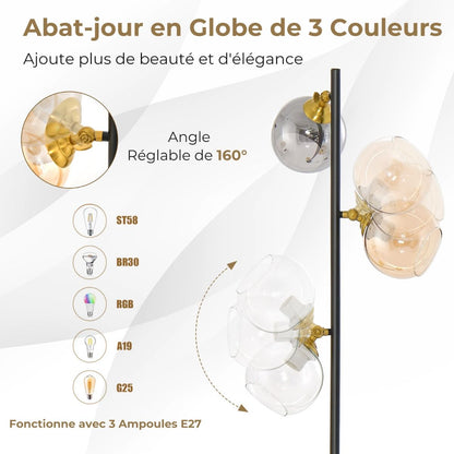 Lampadaire Moderne Lampe Sur Pied Avec 3 Abat-Jours Globe En Verre Base Lestée Interrupteur Au Pied Lampe Arbre Sur Pied Pour Chambre Bureau Noir