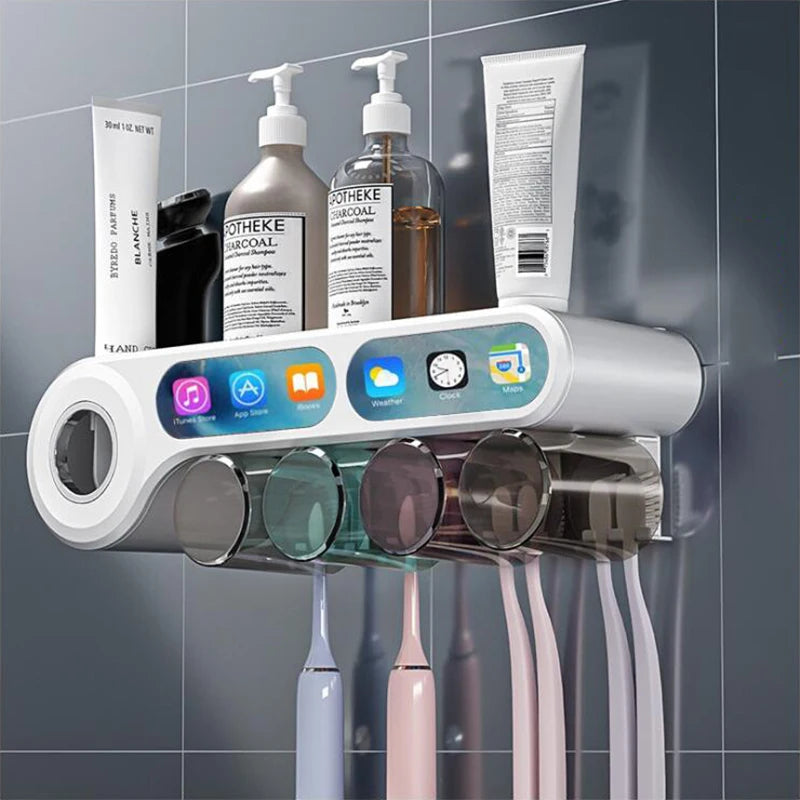 Multifunctional Wall-Mounted Toothbrush Holder with Cups and Toothpaste Squeezer - Bathroom Accessories